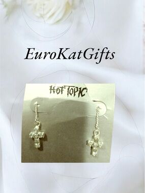 CUTE Hot Topic Silver  CZ Crystal Cross Drop Earrings NEW NWT